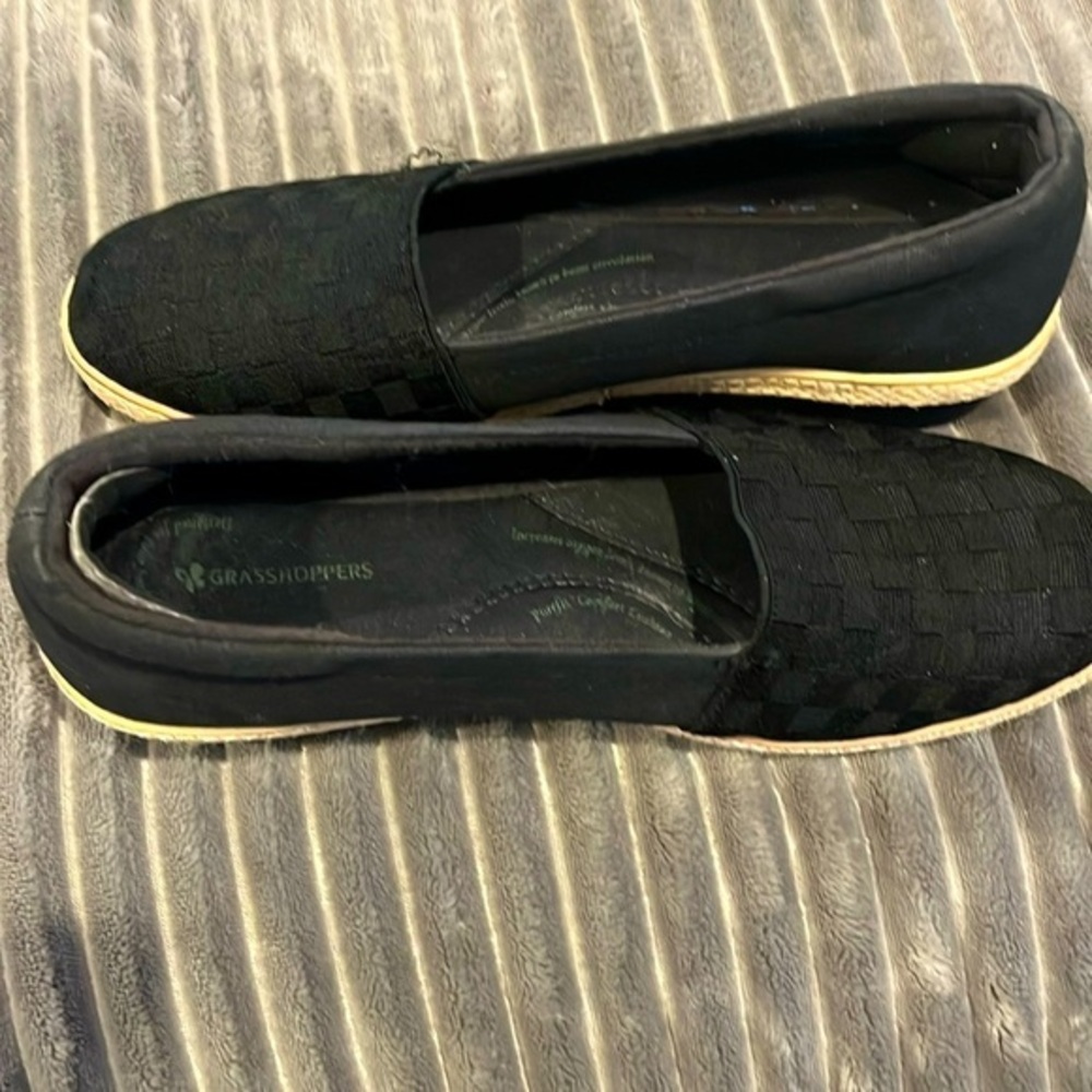GRASSHOPPERS Slip-On Espadrille Wedge Heels Black with Contrast Cream Size 10